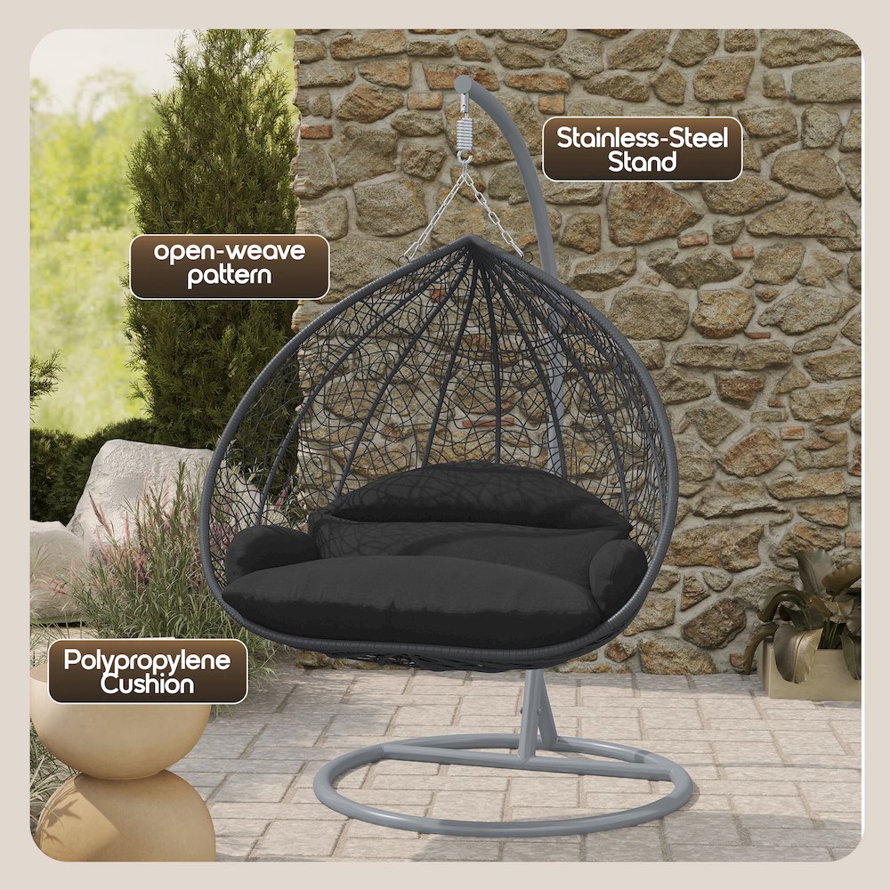 Recluse Collection Modern Outdoor Swing Chair Grey Frame with ES57 Black Cushion. Picture 6