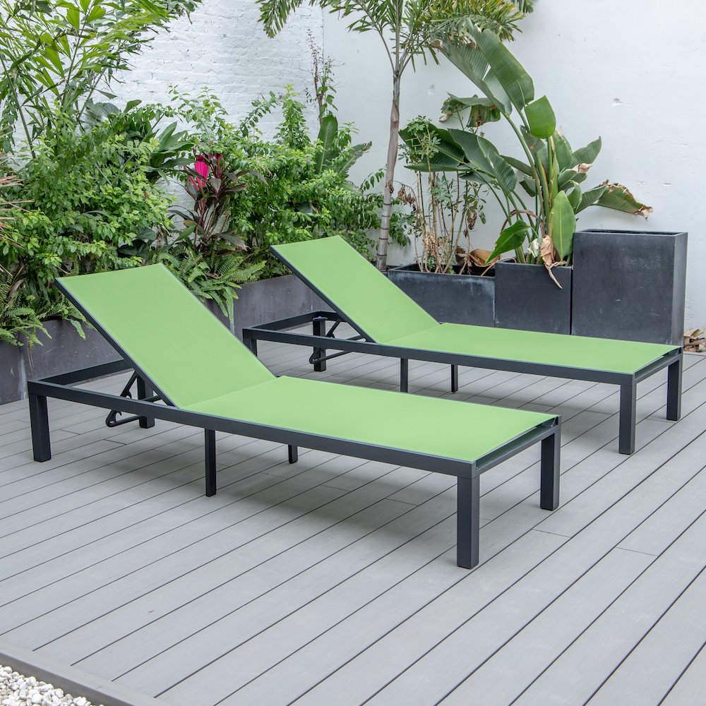 Marlin Patio Chaise Lounge Chair With Black Aluminum Frame, Set of 2 in Green. Picture 3