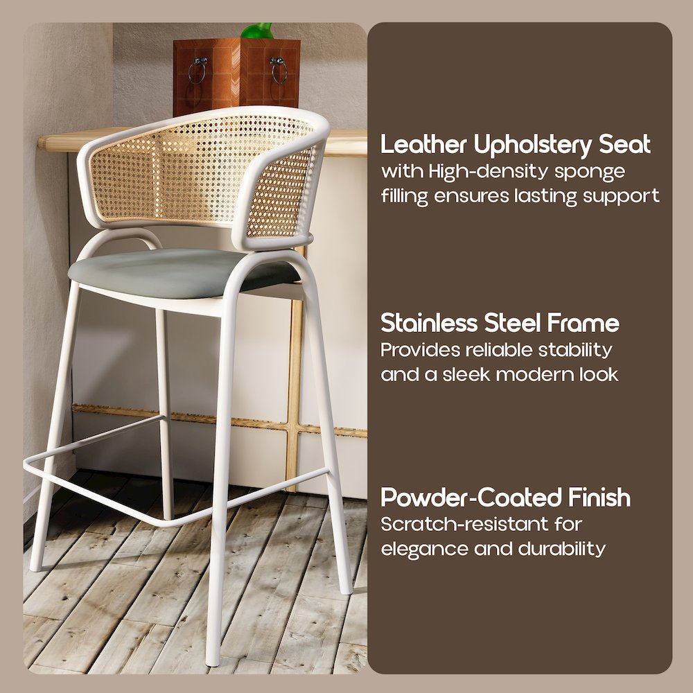 Ervilla Wicker Bar Stool with Fabric Seat and White Steel Frame - Grey leather. Picture 2