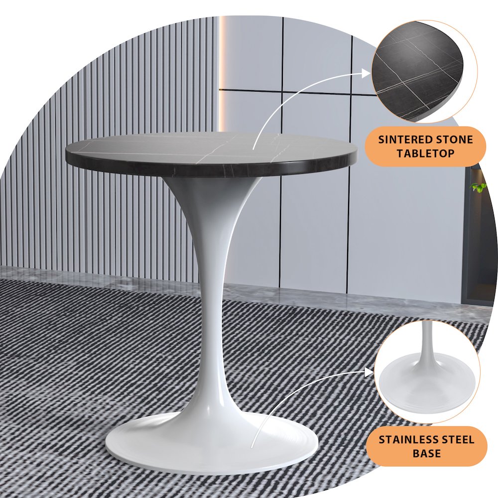 Verve Collection 27 Round Dining Table, White Base with Sintered Stone Black Top. Picture 1