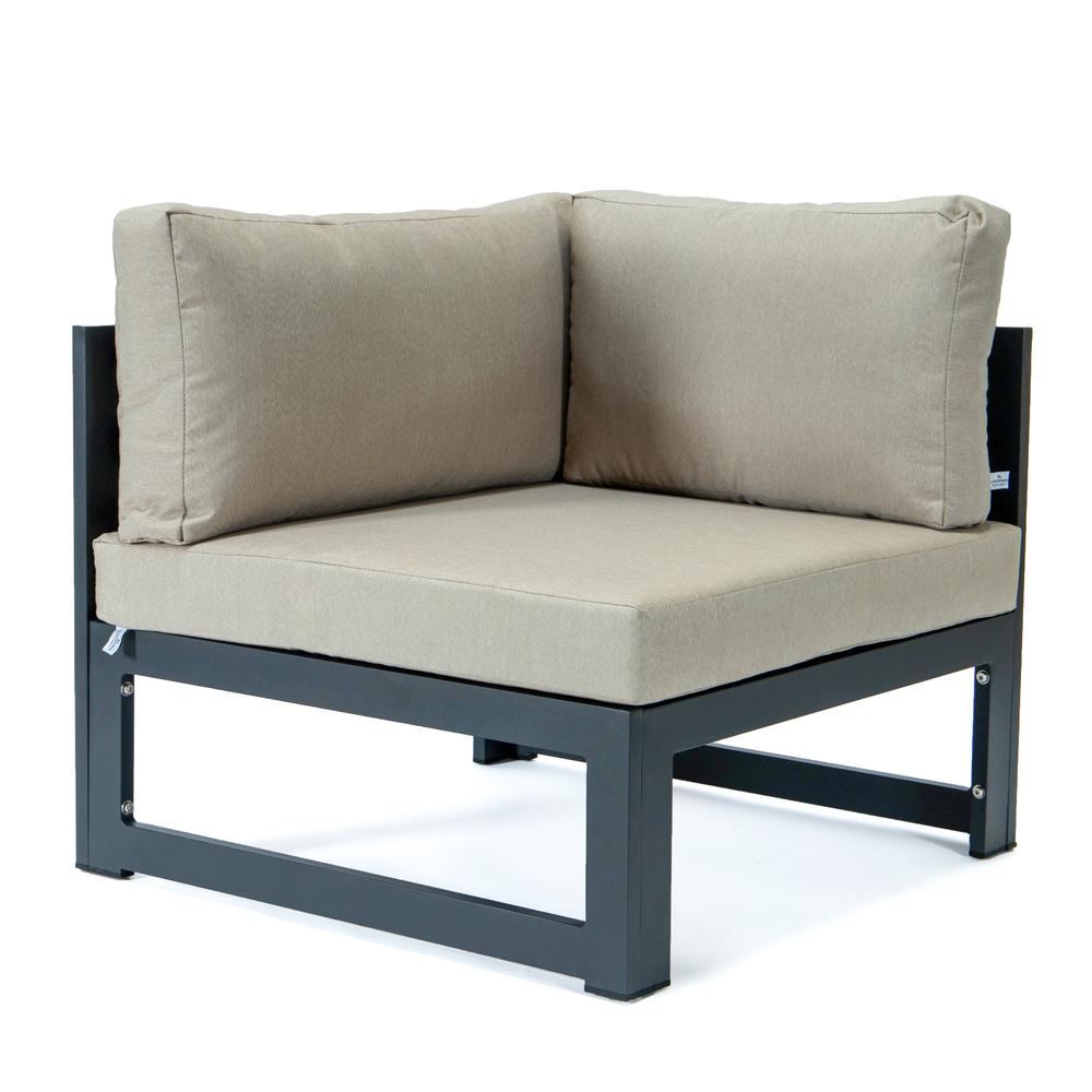 LeisureMod Chelsea 5-Piece Sectional Loveseat and Fireplace Set Black Aluminum with Cushions, Beige. Picture 8