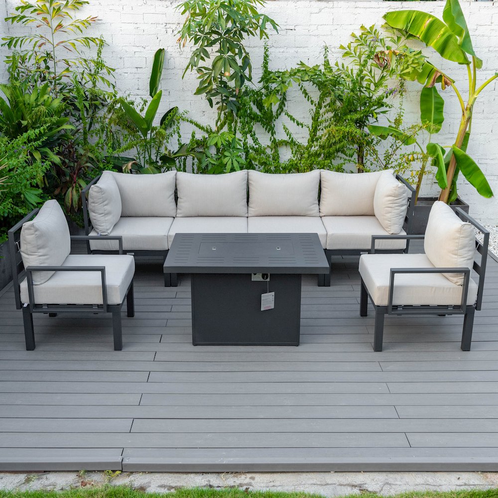 Chelsea 7-Piece Patio Sectional And Fire Pit Table Black Aluminum With Cushions. Picture 6