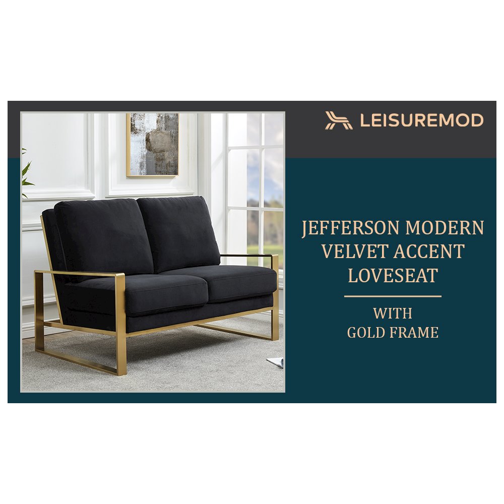 Jefferson Contemporary Modern Velvet Loveseat With Gold Frame. Picture 8