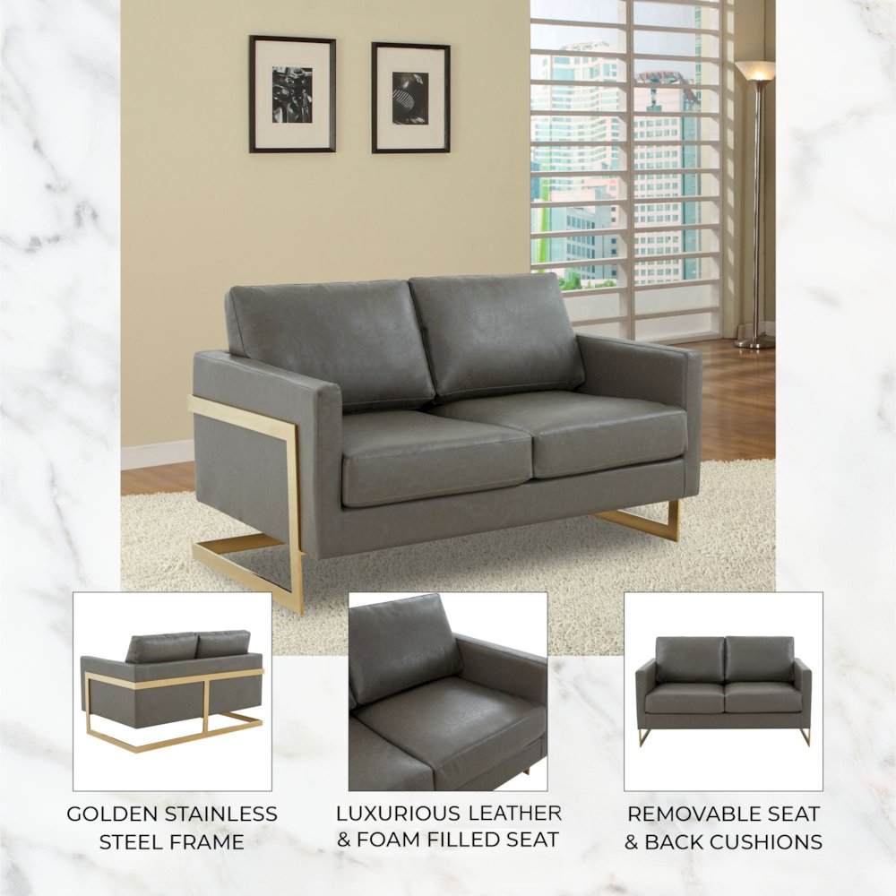 Lincoln Modern Mid-Century Upholstered Leather Loveseat with Gold Frame. Picture 12