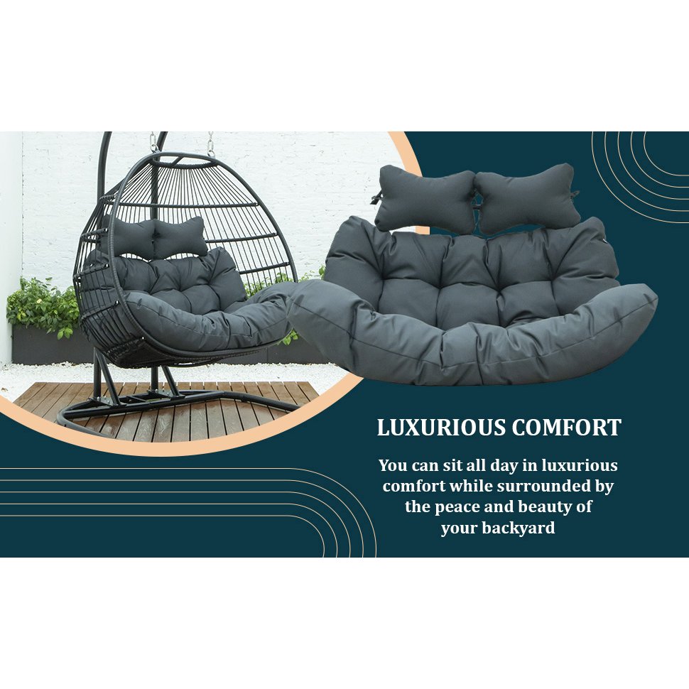LeisureMod Wicker 2 Person Double Folding Hanging Egg Swing Cushion. Picture 15