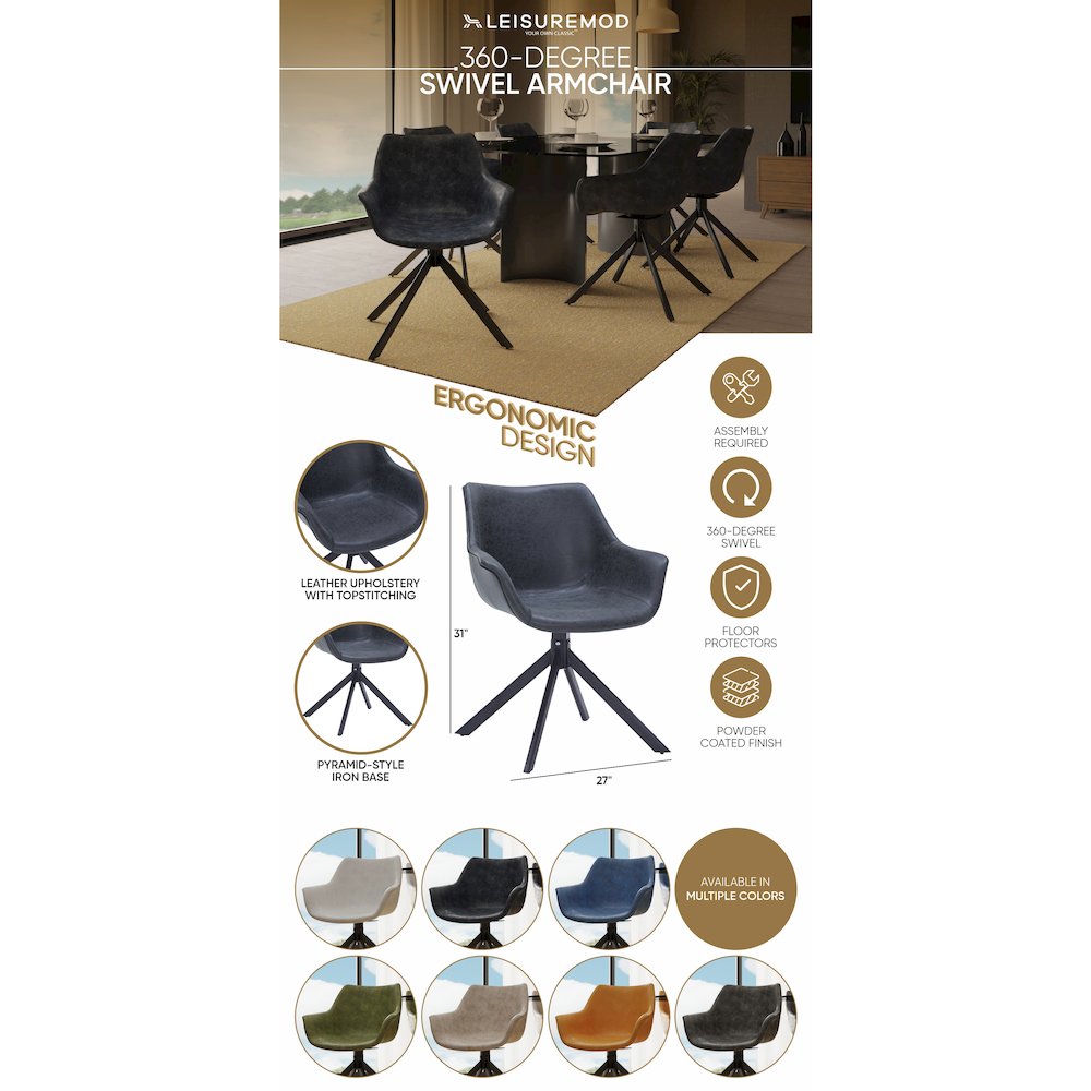 Markley Modern Leather Dining Swival Arm Chair in Black. Picture 13