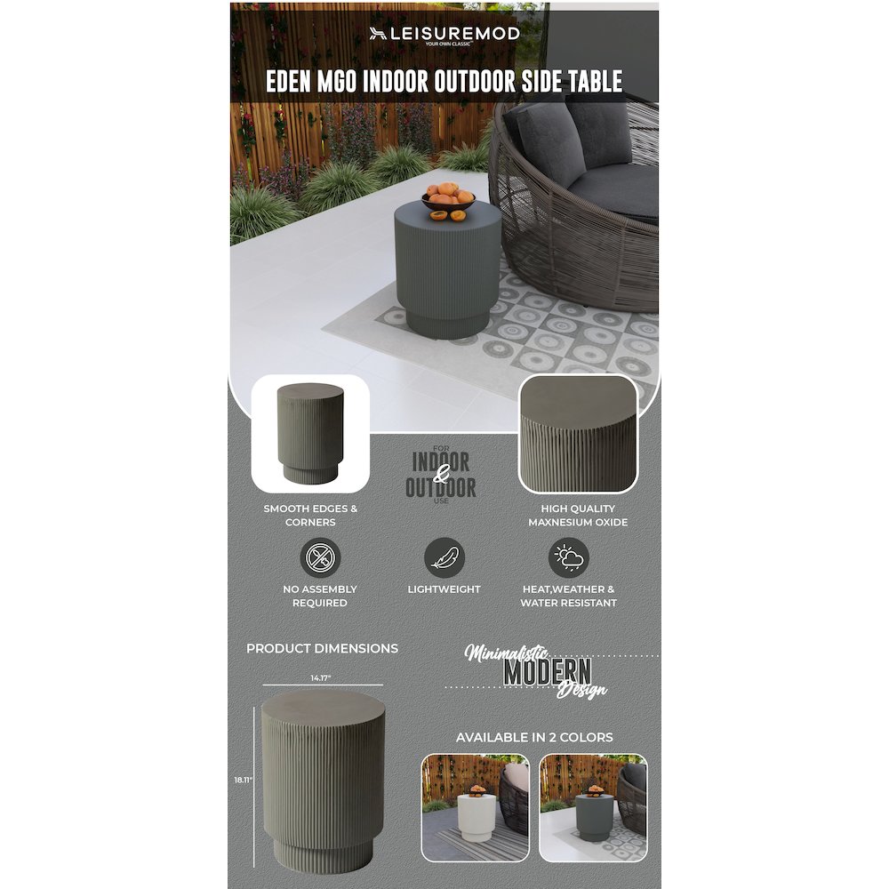 Eden Collection Fiberglass Outdoor Side Table in Grey. Picture 10