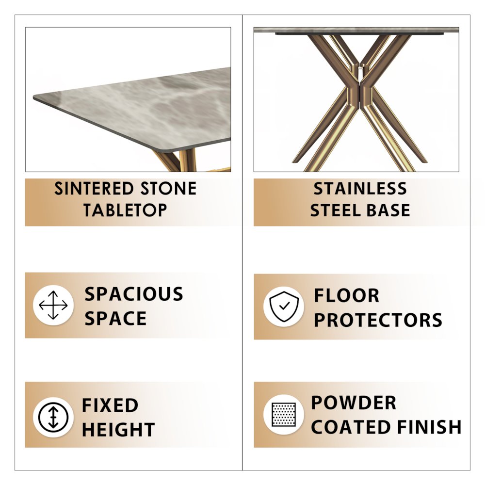 Gold Stainless Steel Dining Table 55" With Deep Grey Sintered Stone Top. Picture 4