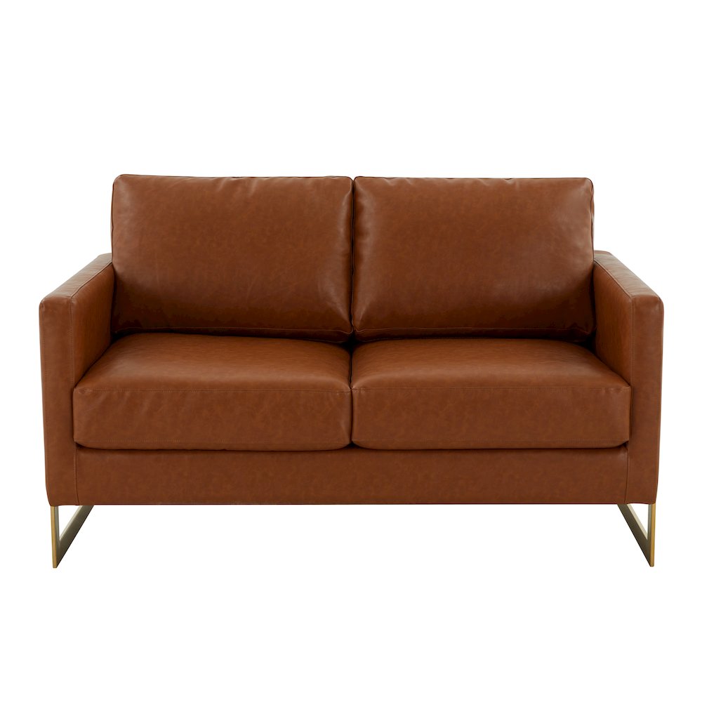 Lincoln Modern Mid-Century Upholstered Leather Loveseat with Gold Frame. Picture 5