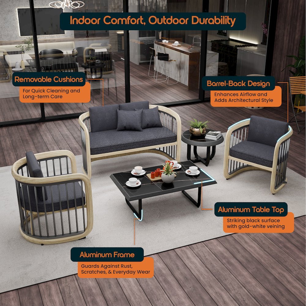 Klyra 5-Piece Aluminum Conversation Set with 2 accent chair in Grey. Picture 5