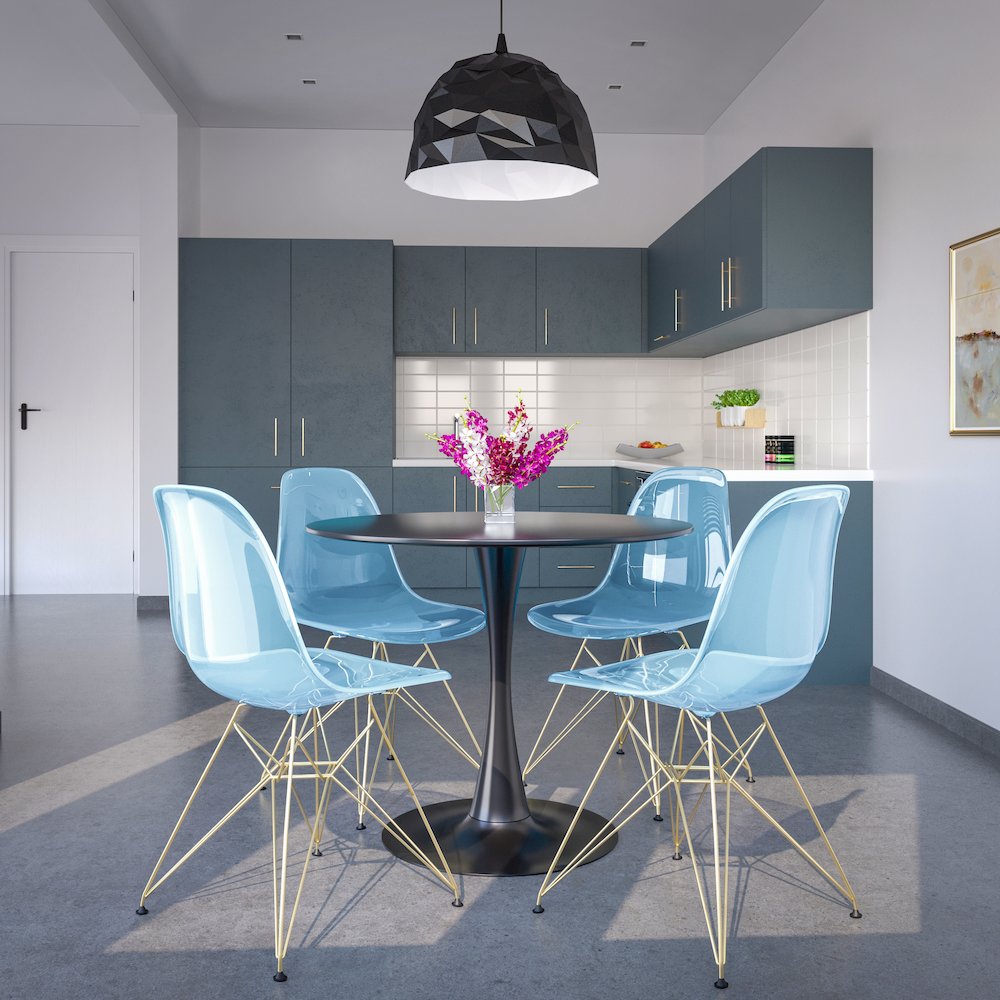 5-Piece Dining Set 35" Round Dining Table in Chrome - Transparent Blue. Picture 2