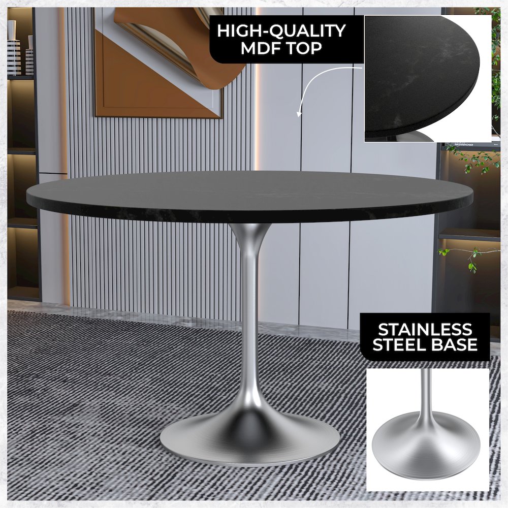 Verve Collection 48" Round Dining Table, Brushed Chrome Base with Black MDF Top. Picture 2