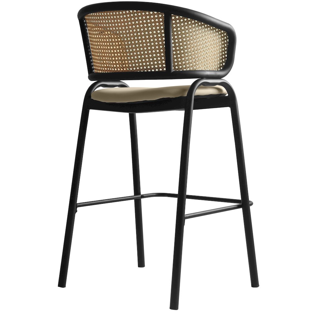 Ervilla Wicker Bar Stool with Fabric Seat and Black Steel Frame - Taupe. Picture 9
