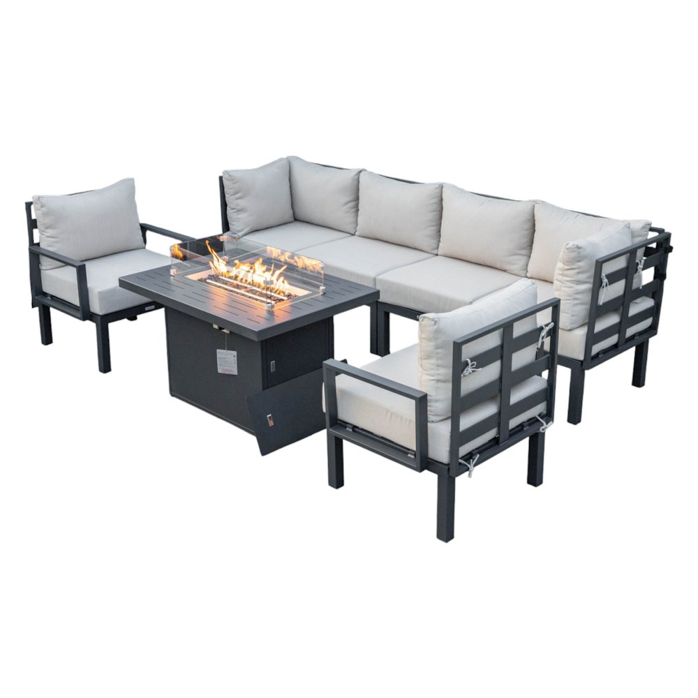 Chelsea 7-Piece Patio Sectional And Fire Pit Table Black Aluminum With Cushions. Picture 35