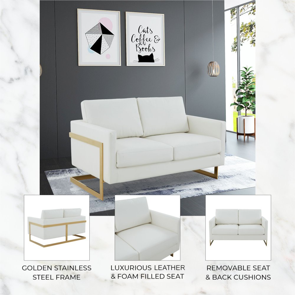 Lincoln Modern Mid-Century Upholstered Leather Loveseat with Gold Frame. Picture 12
