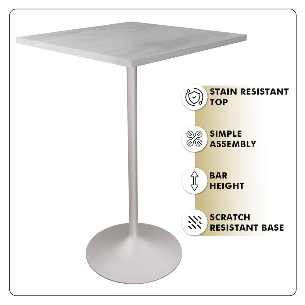 Modern Bar Height Table White Base 27" Square Marbleized White Laminated  Top. Picture 3