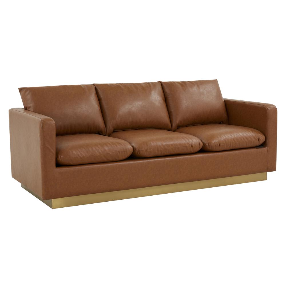 Nervo Modern Mid-Century Upholstered Leather Sofa with Gold Frame. Picture 1