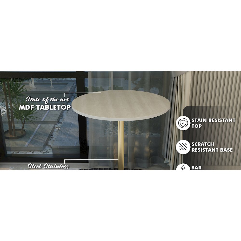 Bar Height Table Brushed Gold Base with 27" Round Light Natural Wood MDF Top. Picture 9