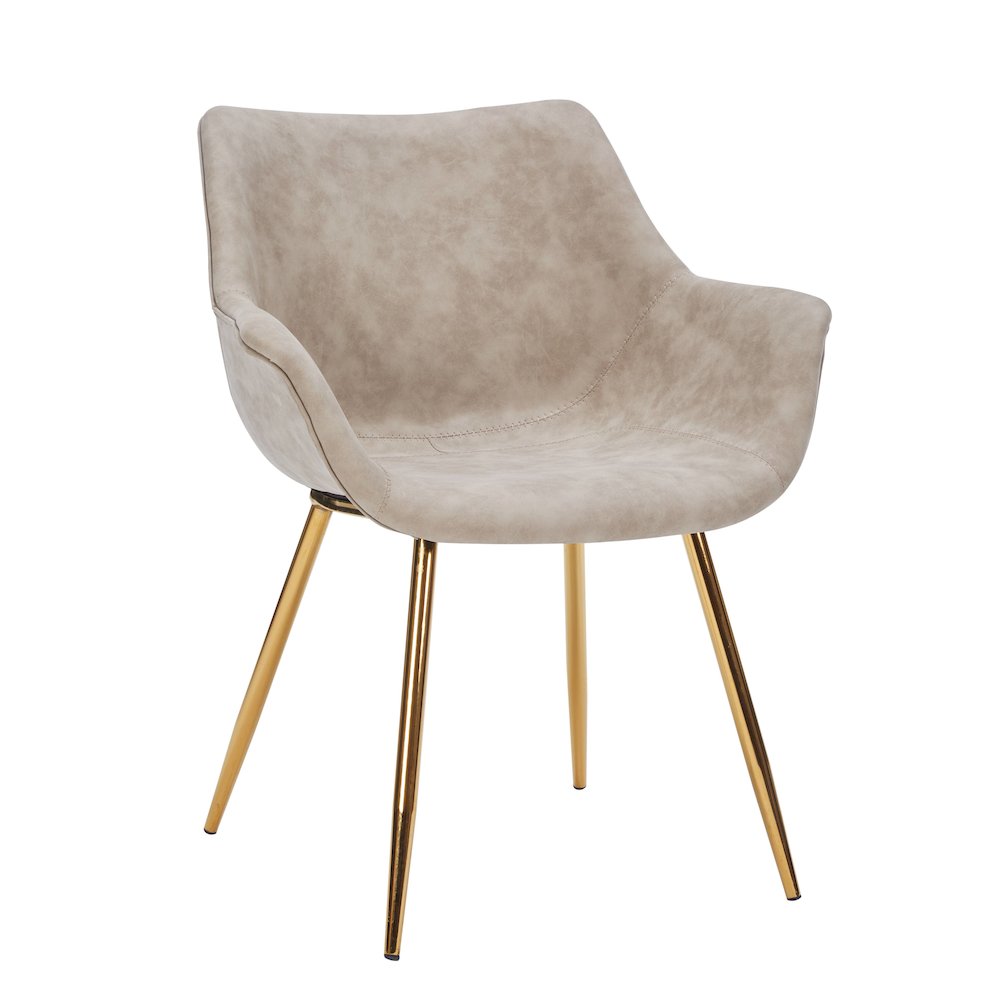 Markley Modern Leather Dining Arm Chair With Gold Legs in Taupe. Picture 2