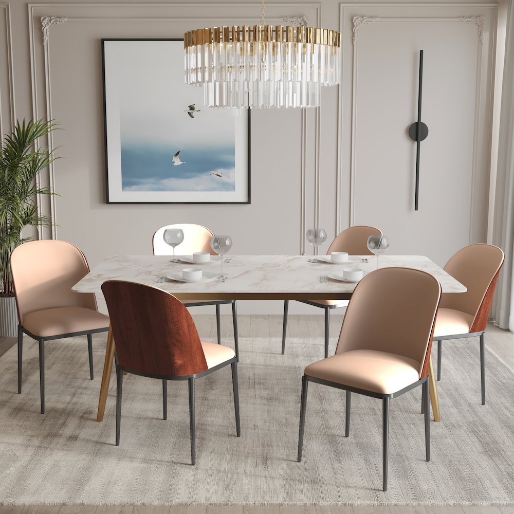 Zayle 7-Piece Dining Set with 55" Rectangular Dining Side Chair in Walnut/Brown. Picture 3