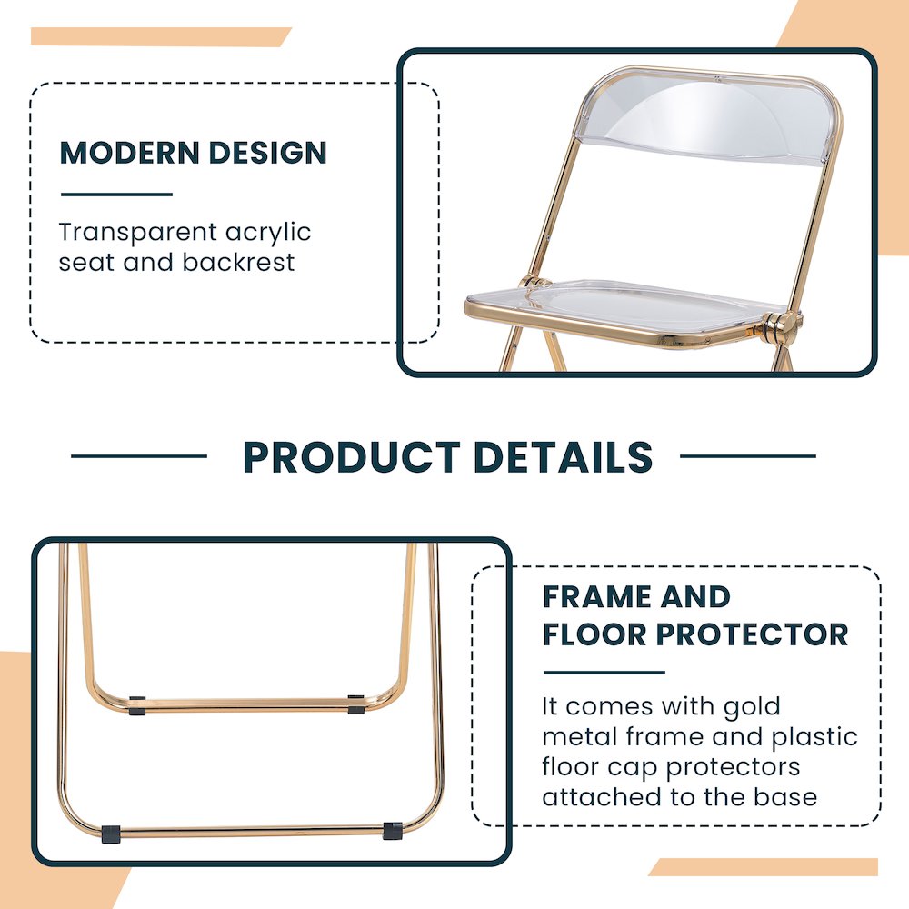 Lawrence Acrylic Folding Chair With Gold Metal Frame, Set of 2. Picture 5