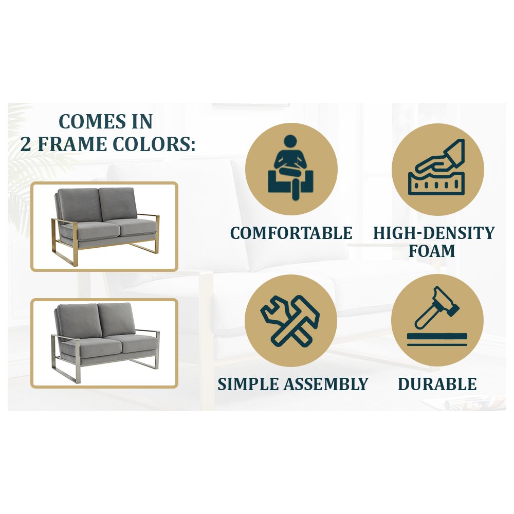 Jefferson Contemporary Modern Velvet Loveseat With Gold Frame. Picture 10