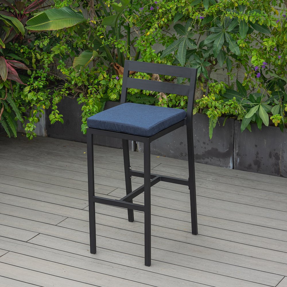 Chelsea Collection Modern Aluminum Outdoor Bar Chair in black with Blue Cushions. Picture 10