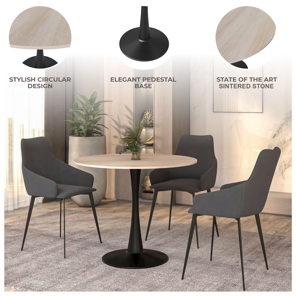 Bristol 35" Round Dining Table Black Base with Sintered Stone Natural Wood Top. Picture 9