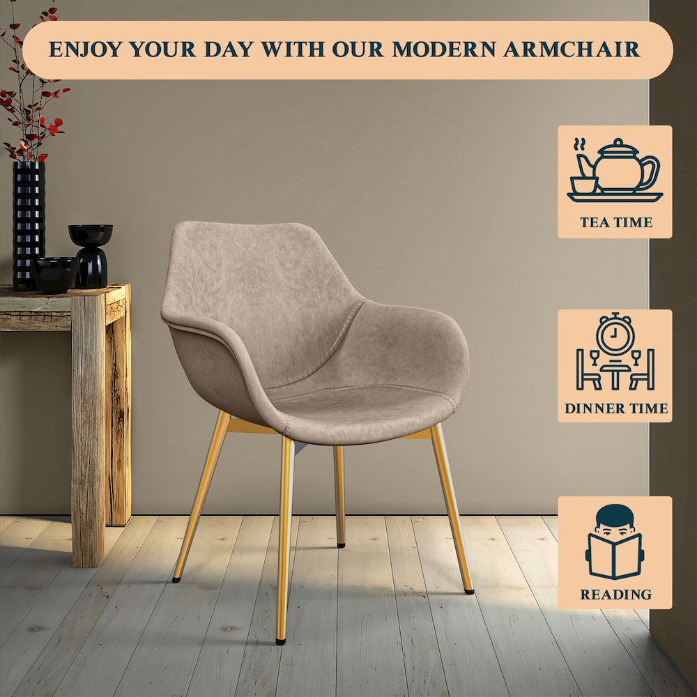 Markley Modern Leather Dining Arm Chair With Gold Legs in Taupe Set of 4. Picture 5