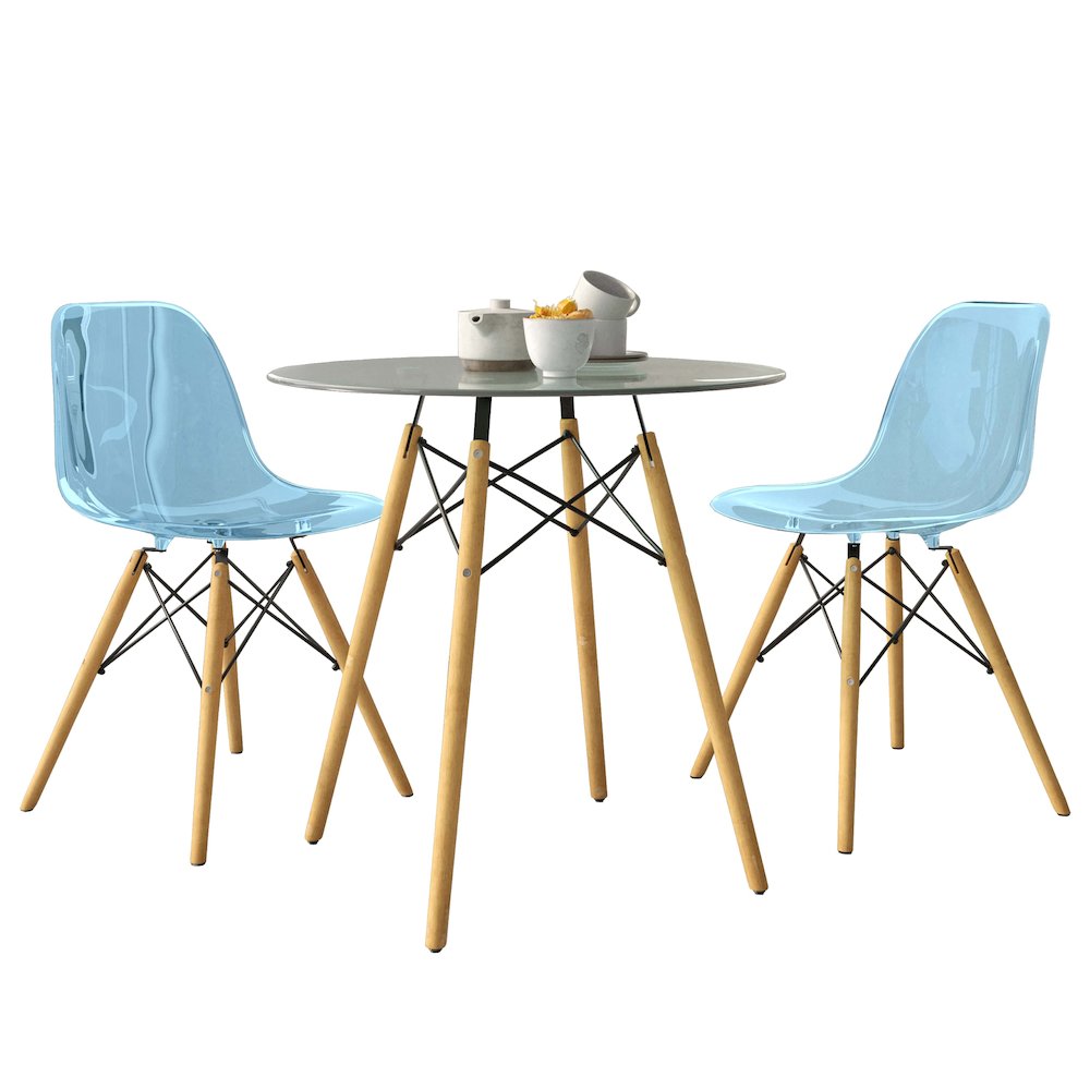 Dover 3-Piece Dining Set with Round Clear Glass Top Bistro Table in Blue. Picture 3