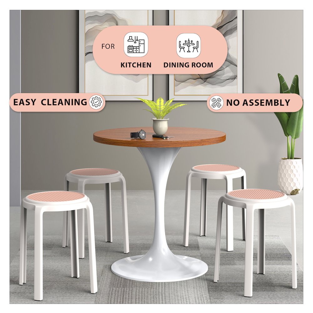 Tresse Series Stackable Round Poly Stool With Wicker Top 13 in White. Picture 3