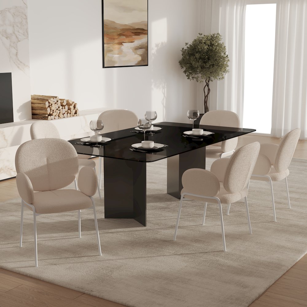 Celestial Series Boucle Dining Arm Chair, White Frame with White Fabric. Picture 9