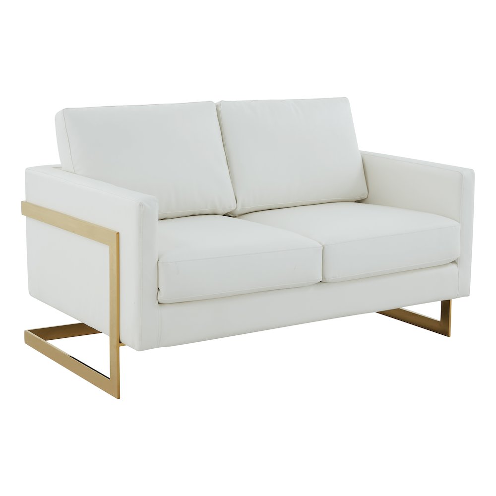 Lincoln Modern Mid-Century Upholstered Leather Loveseat with Gold Frame. Picture 1