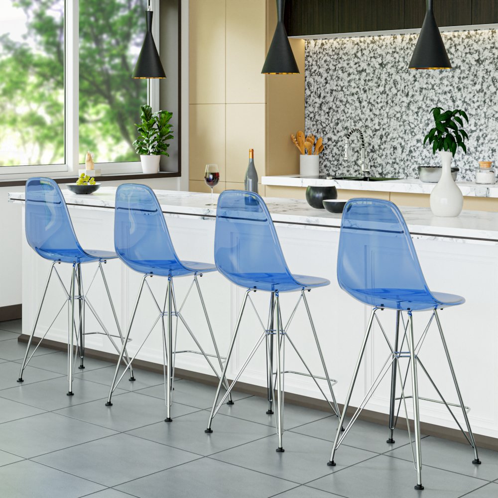 Cresco Modern Acrylic Barstool with Chrome Base and Footrest in Transparent Blue. Picture 7