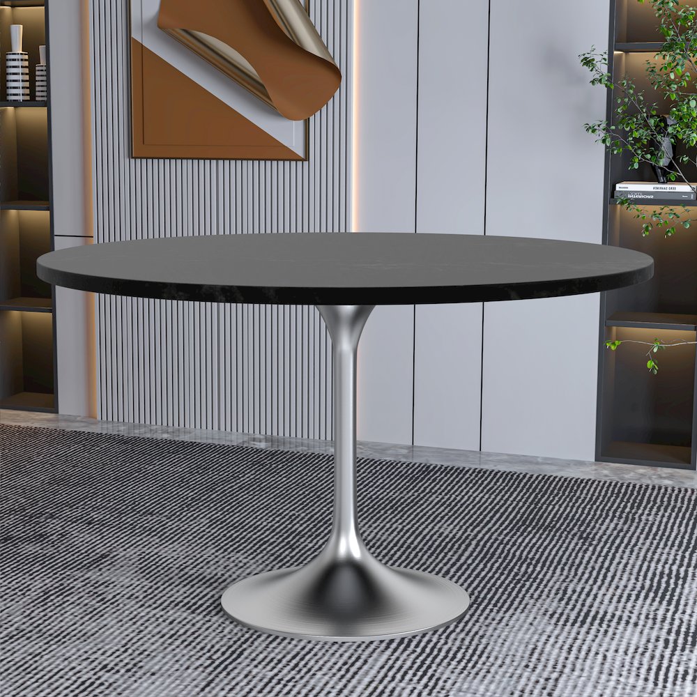 Verve Collection 48" Round Dining Table, Brushed Chrome Base with Black MDF Top. Picture 9