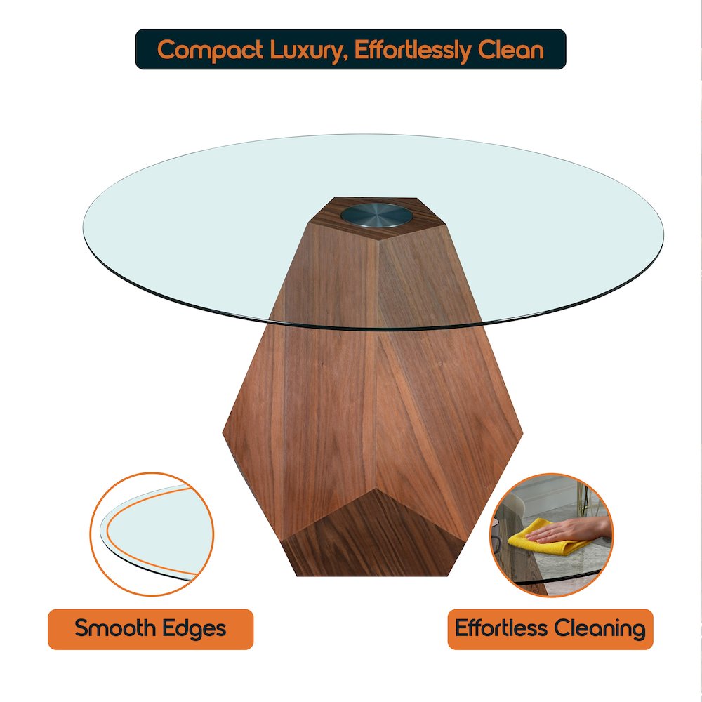 Nebo Modern Dining Table in Walnut Base with Clear Glass Top. Picture 3