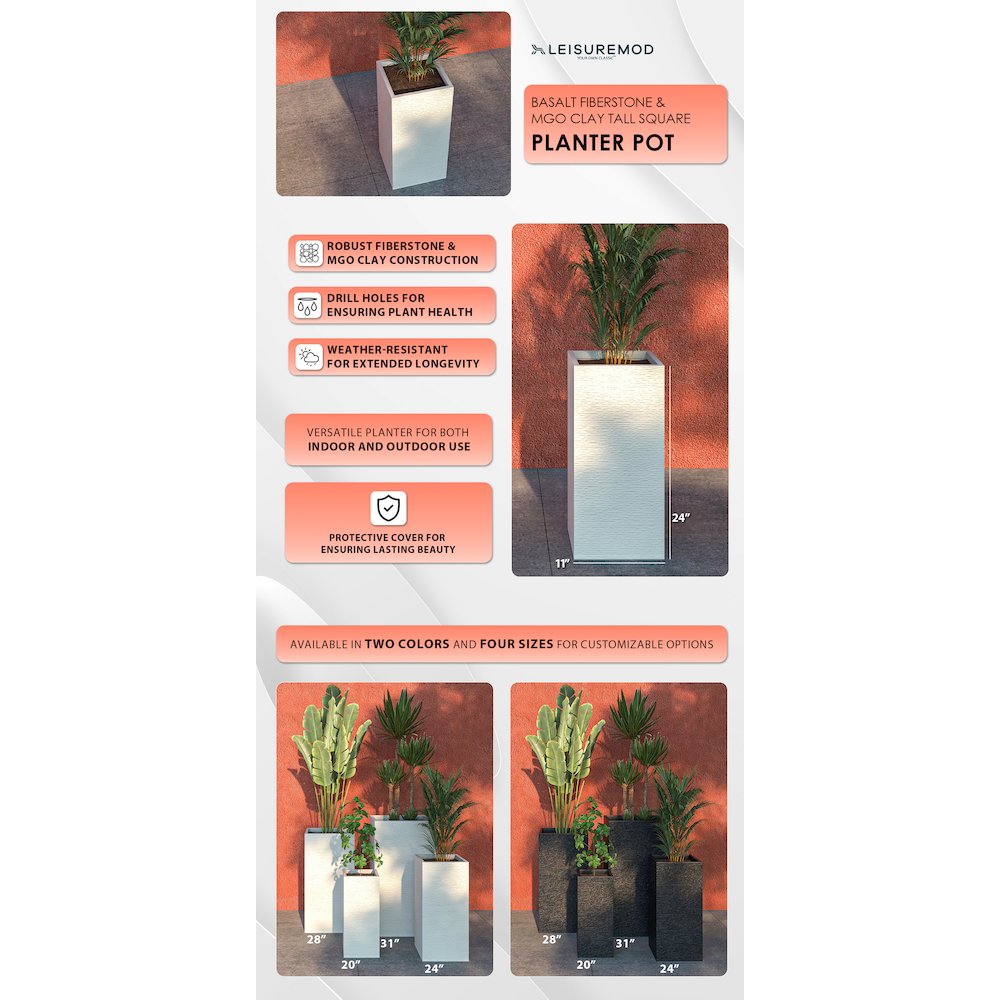 Basalt Series Poly Stone Planter 11" Square 23.6" High in White. Picture 19