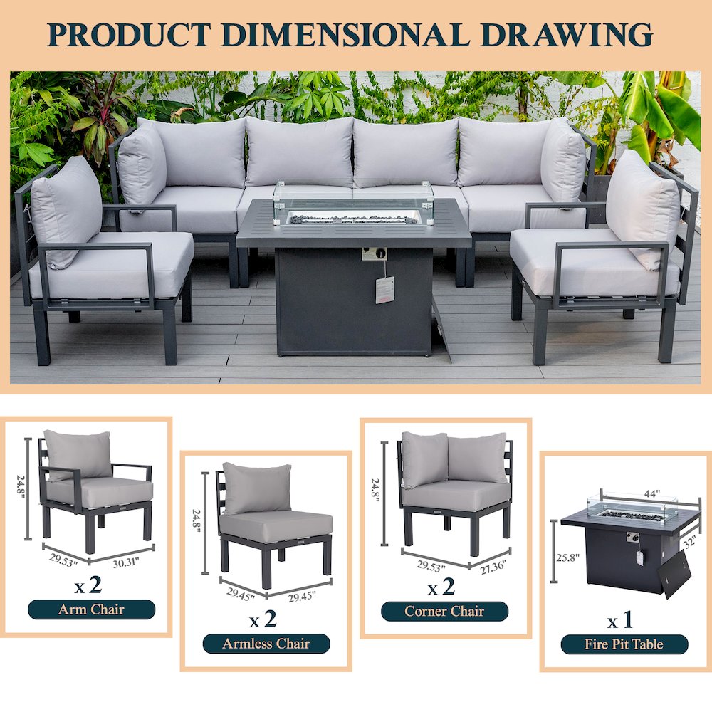 Chelsea 7-Piece Patio Sectional And Fire Pit Table Black Aluminum With Cushions. Picture 38