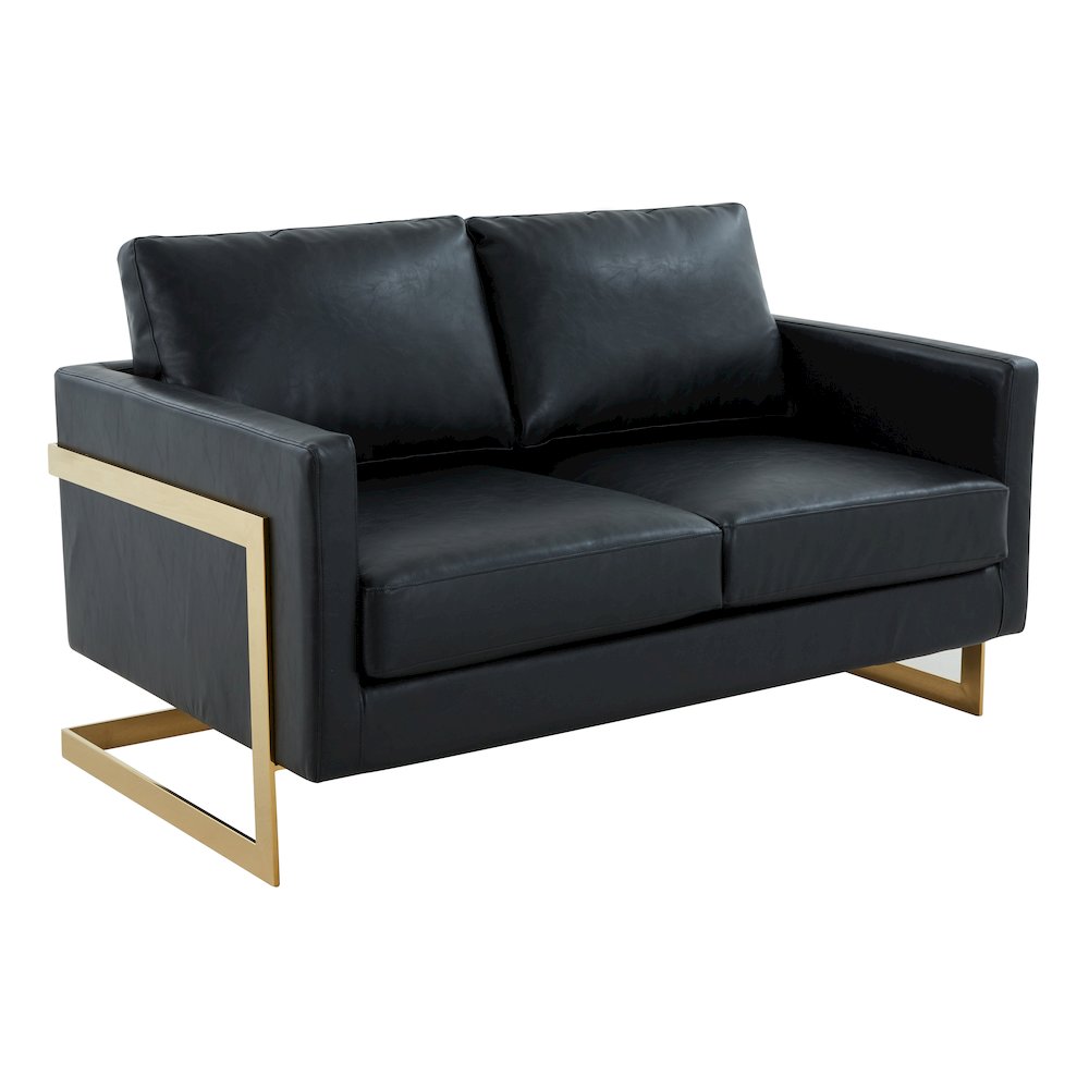 Lincoln Modern Mid-Century Upholstered Leather Loveseat with Gold Frame. Picture 1