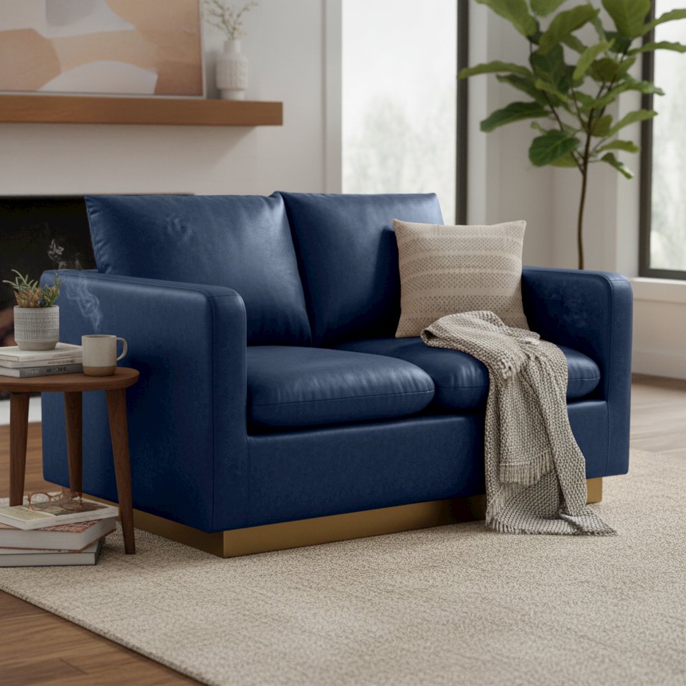 Nervo Modern Mid-Century Upholstered Leather Loveseat with Gold Frame. Picture 17
