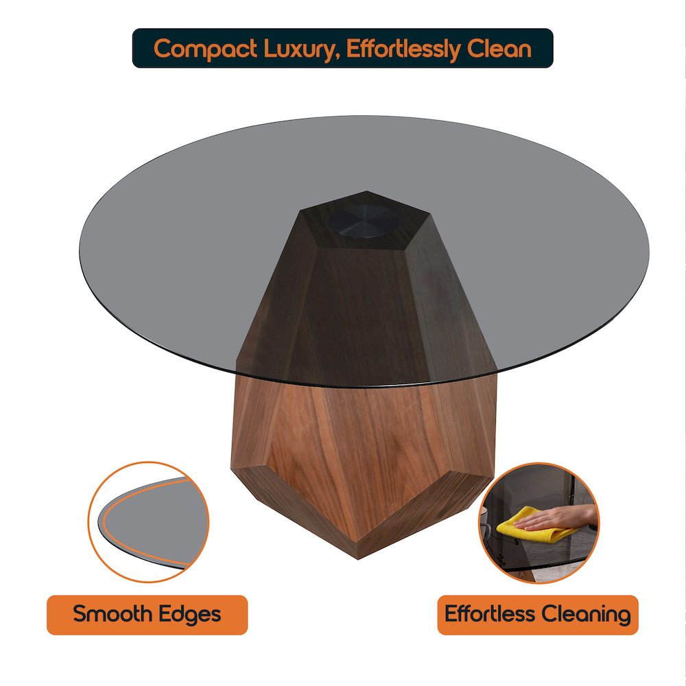 Nebo Modern Dining Table in Walnut Base with BLack Glass Top. Picture 6
