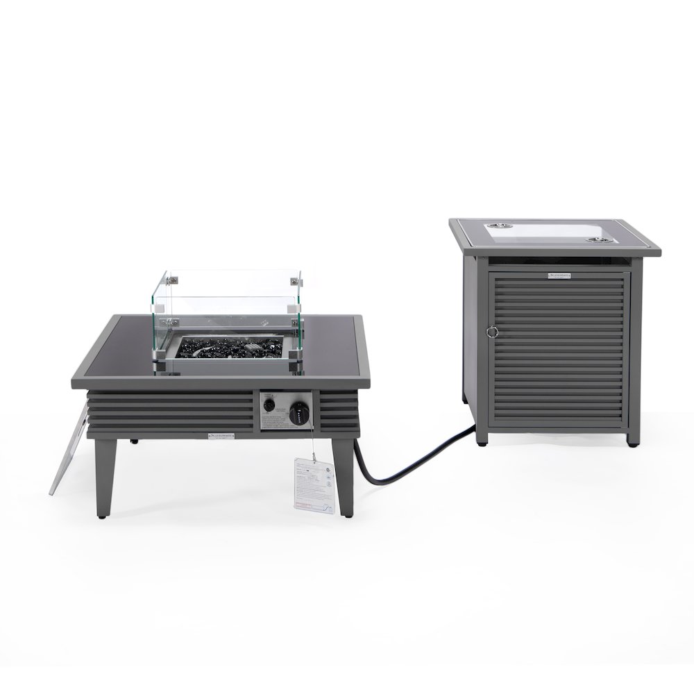 Walbrooke Patio Square Fire Pit and Tank Holder with Slats Design in Grey. Picture 4