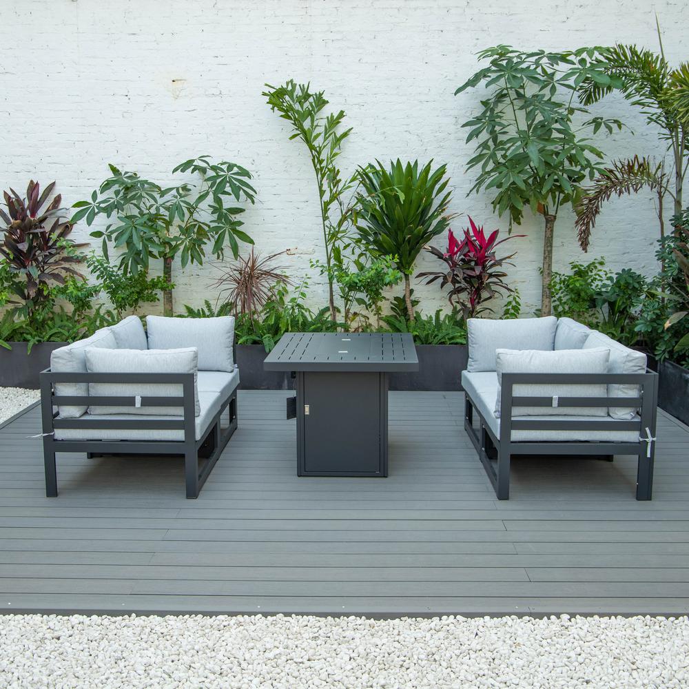 LeisureMod Chelsea 5-Piece Sectional Loveseat and Fireplace Set Black Aluminum with Cushions, Light Grey. Picture 4