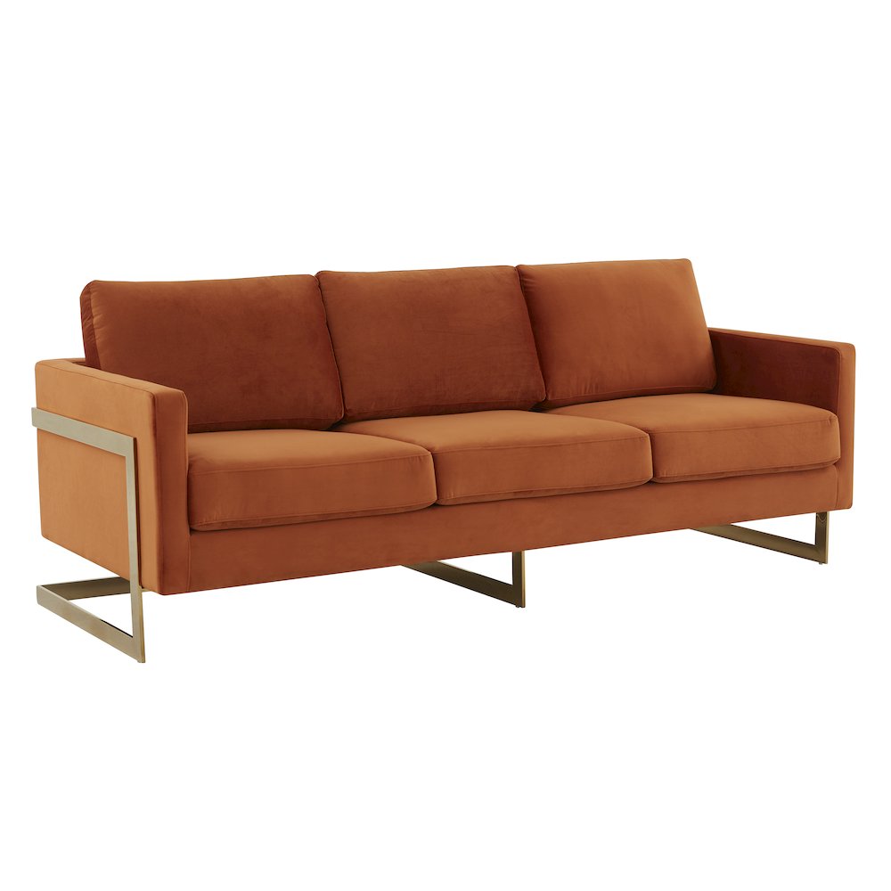 Lincoln Modern Mid-Century Upholstered Velvet Sofa with Gold Frame. Picture 1