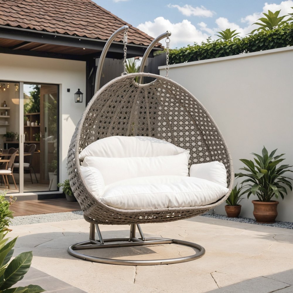 Beige Wicker Hanging 2 person Egg Swing Chair. Picture 1