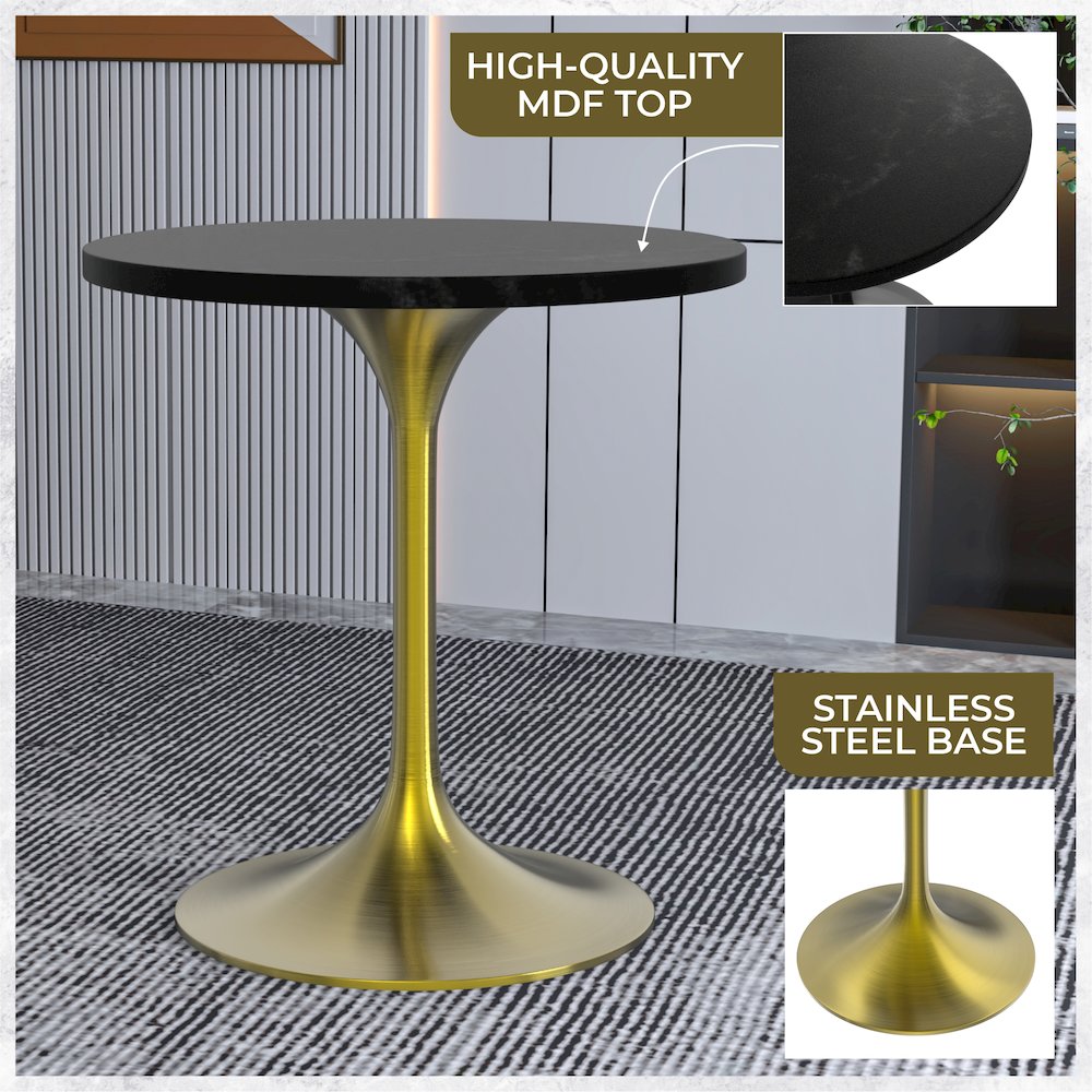 Verve Collection 27" Round Dining Table, Brushed Gold Base with Black MDF Top. Picture 1