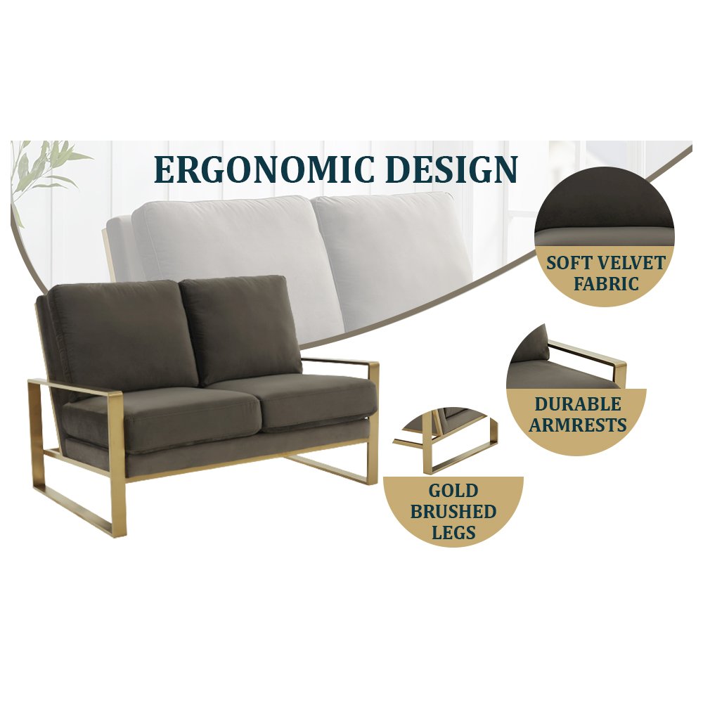 Jefferson Contemporary Modern Velvet Loveseat With Gold Frame. Picture 9