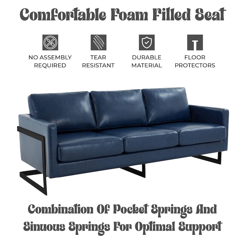 Lincoln Blue Leather Sofa With Black Frame. Picture 3