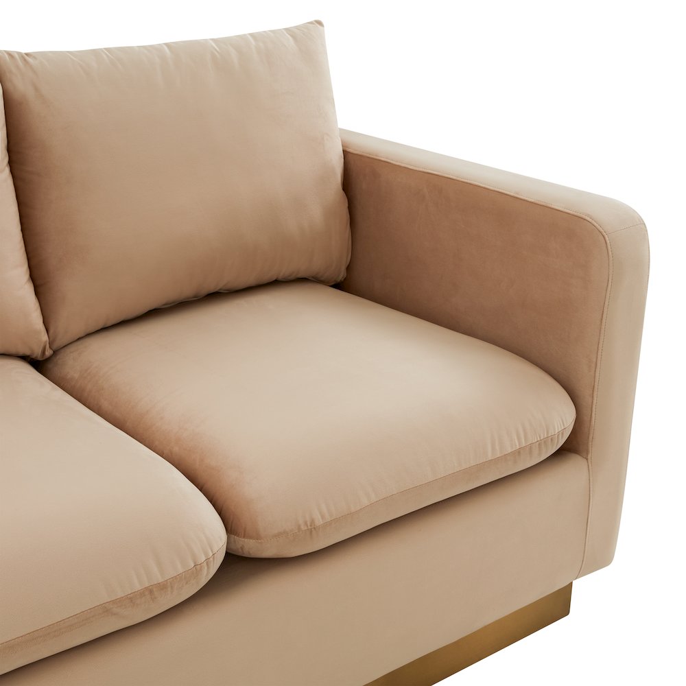 Nervo Modern Mid-Century Upholstered Velvet Loveseat with Gold Frame. Picture 5
