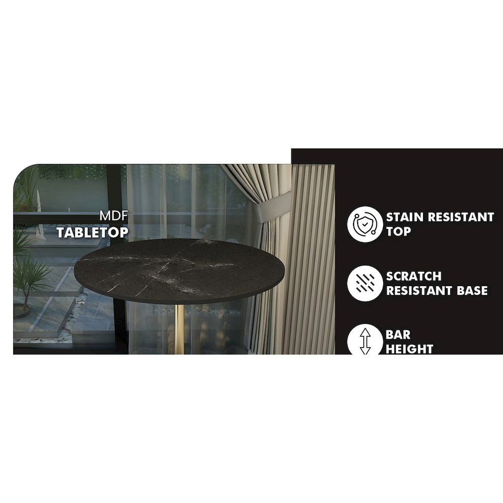 Bar Height Table Brushed Gold Base with 36" Round Black Marbelized MDF Top. Picture 8